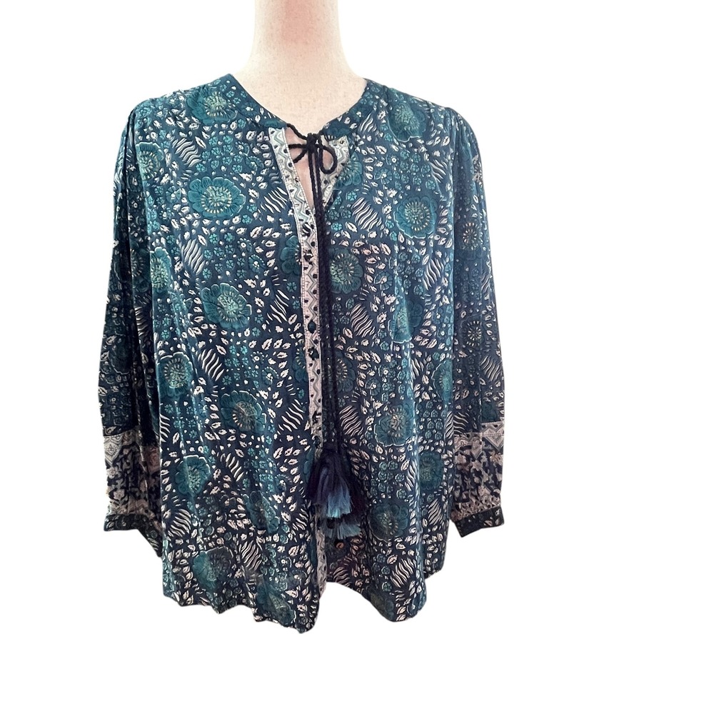 East Hand Dyed Block Print Teal Cotton Boho Tassel Blouse Top Large Gold Accents